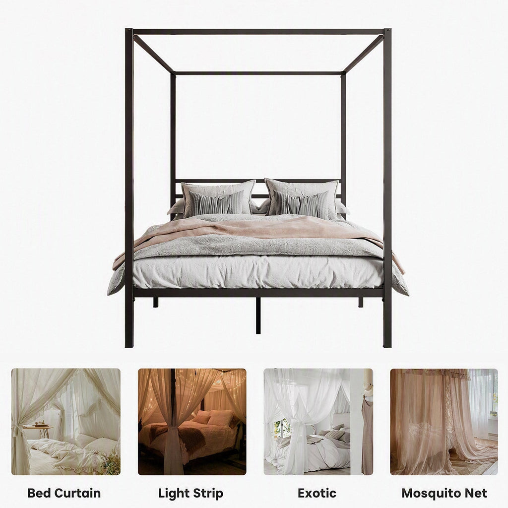 Canopy Bed Frame with Heavy-Duty Metal Slats