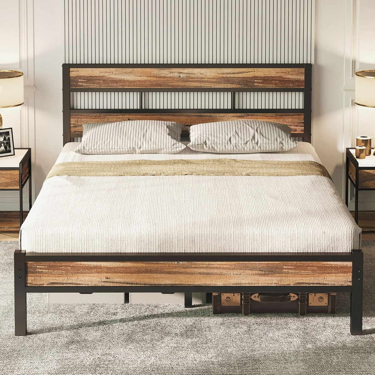 King Platform Bed Frame with Headboard, Dark Brown