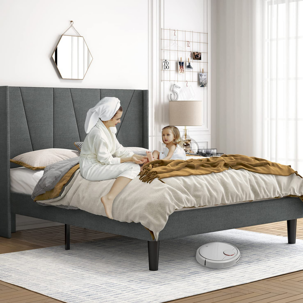 Beige or Grey Bed Frame with Geometric Headboard