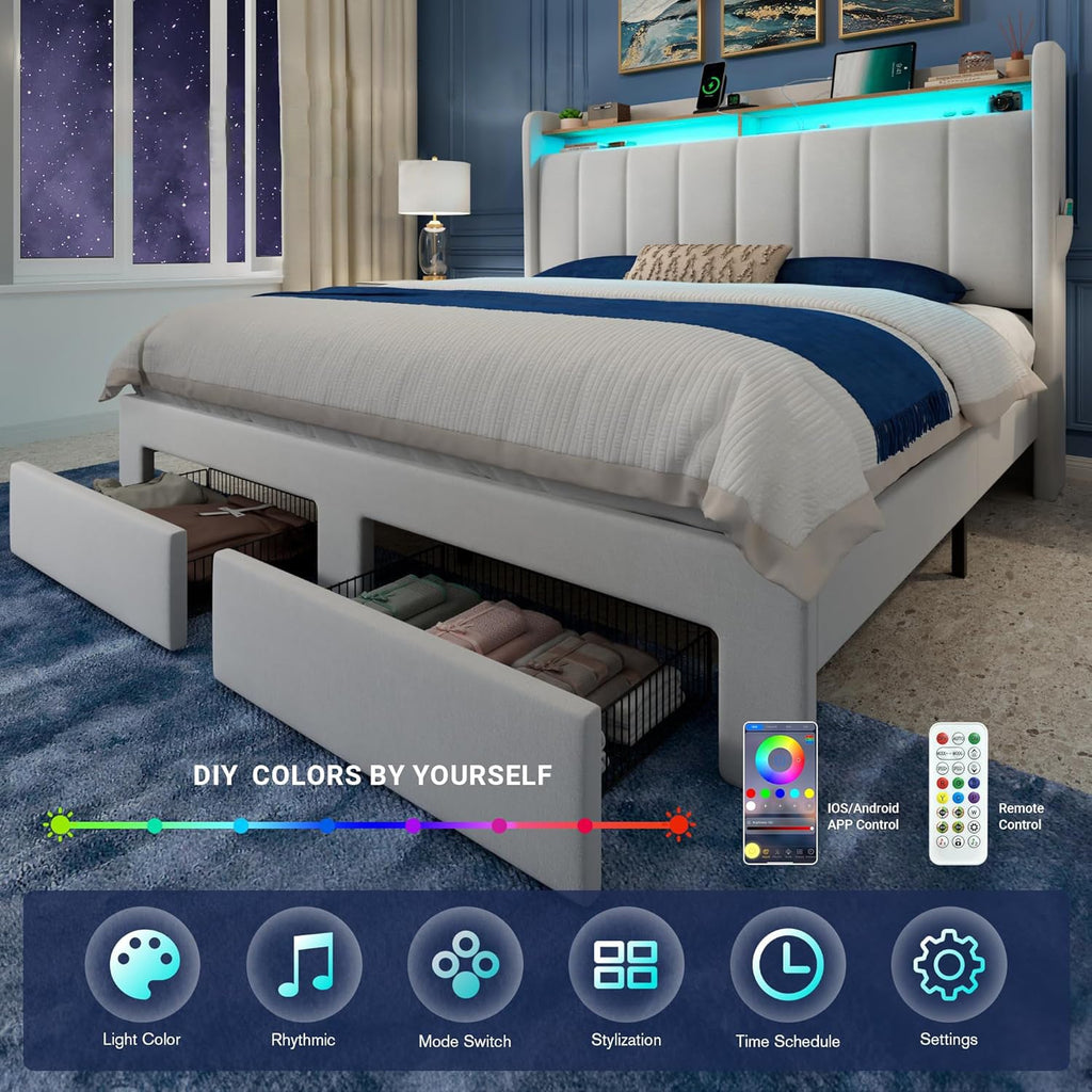 Velvet Platform Bed with LED Headboard and Drawers