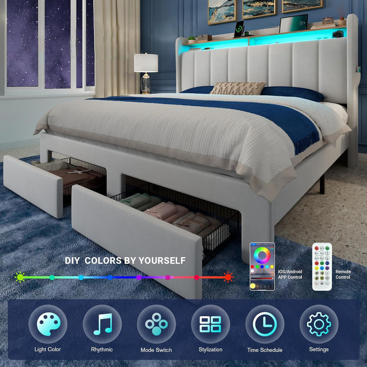 Velvet Platform Bed with LED Headboard and Drawers
