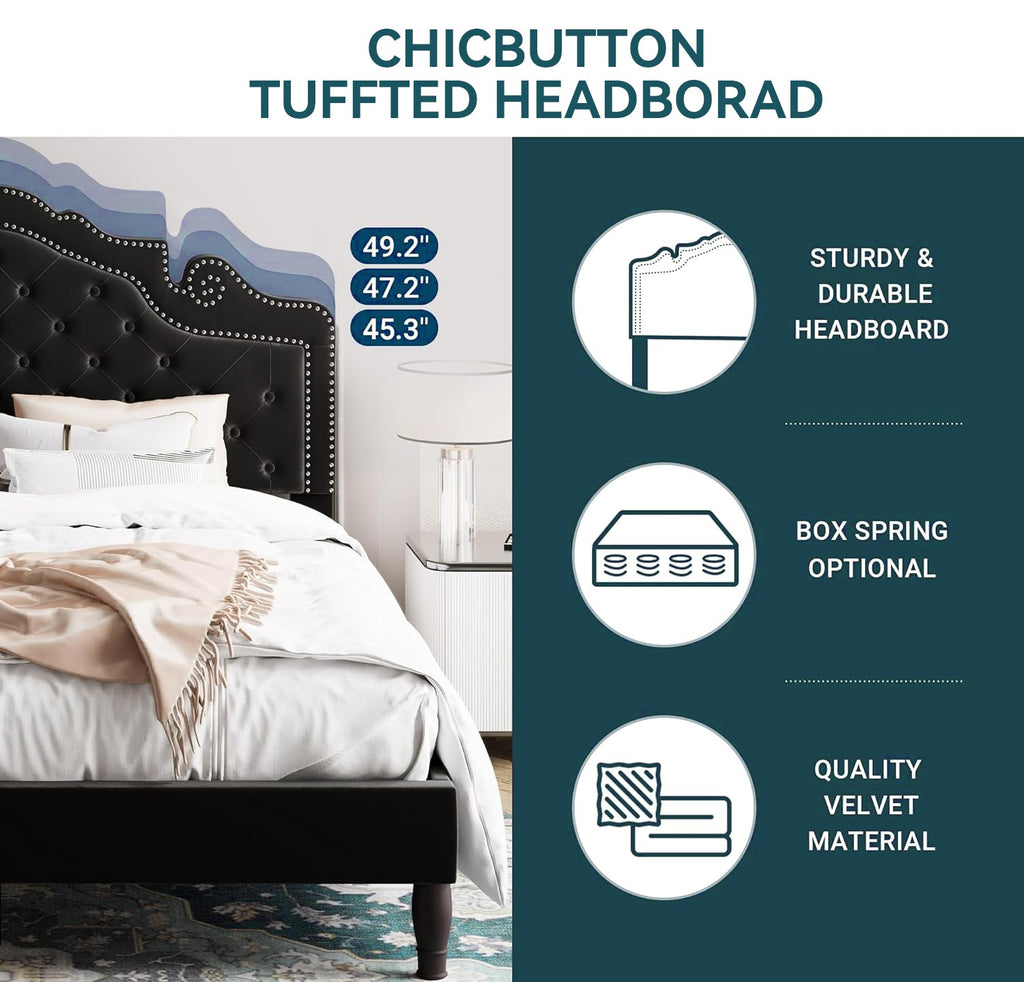 Button Tufted Velvet Platform Bed, Adjustable Headboard