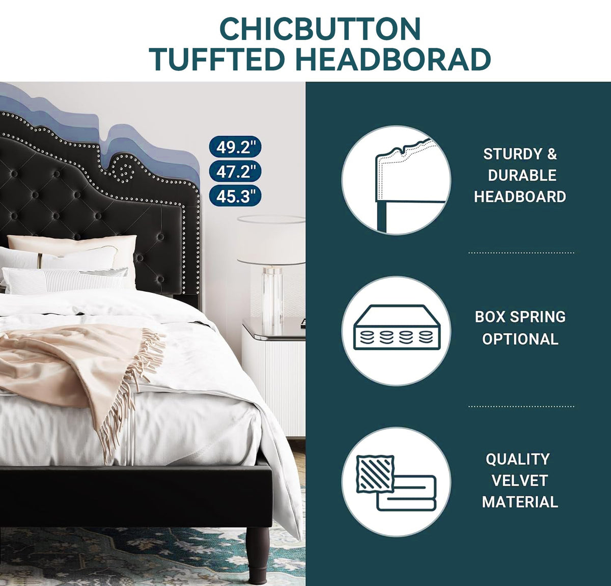 Button Tufted Velvet Platform Bed, Adjustable Headboard
