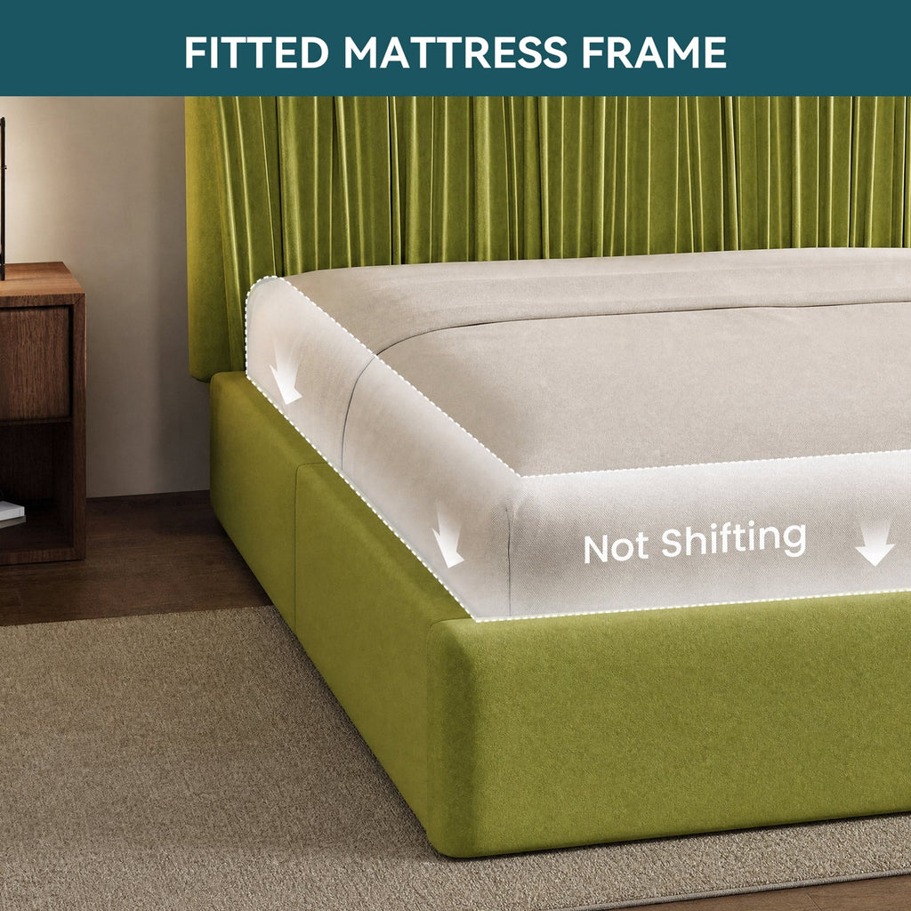 Velvet Floor Platform Bed with Pleated Headboard