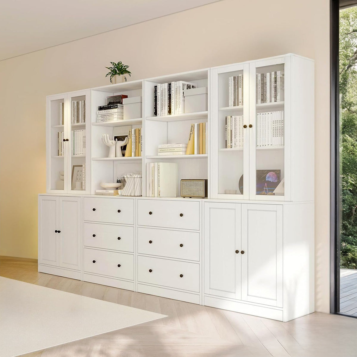 4-Piece Bookcase Set with Glass Door Cabinets (2A+2B)