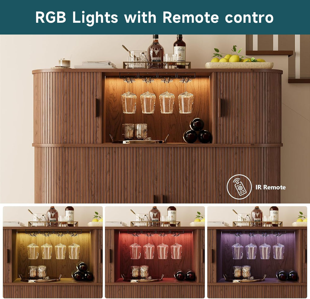 Wine Bar Cabinet with LED Lights and Charging Station