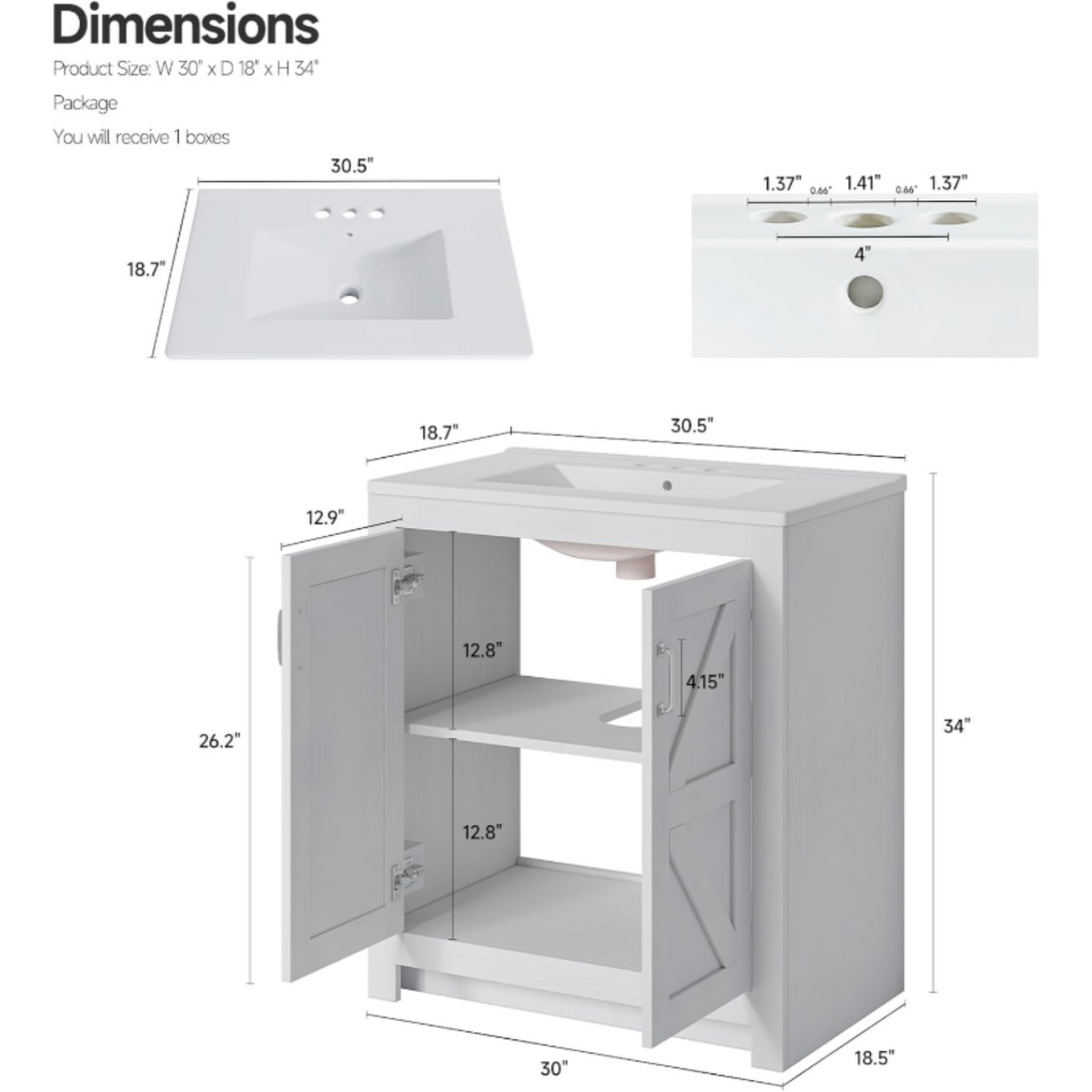 30-Inch Farmhouse Bathroom Vanity with Sink, Soft-Close
