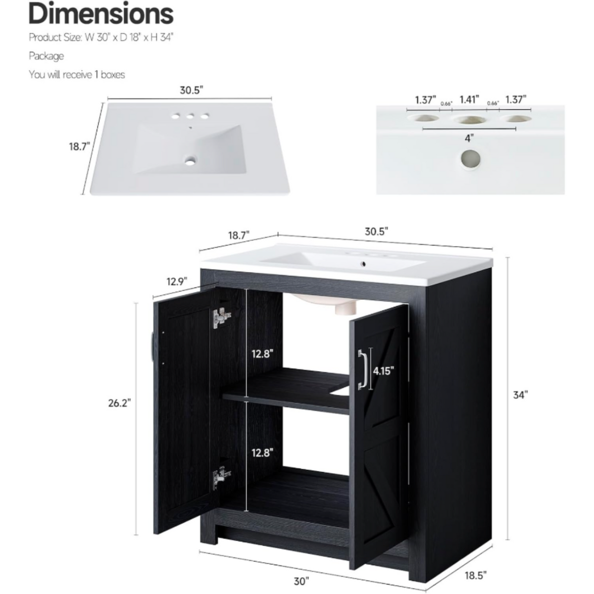 30-Inch Farmhouse Bathroom Vanity with Sink, Soft-Close