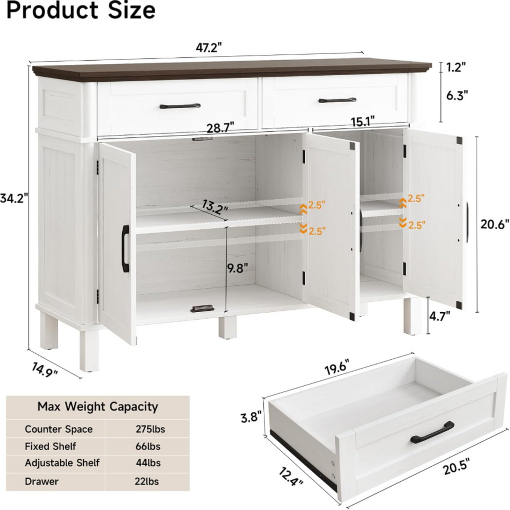 Wood Buffet Sideboard with 2 Drawers and 3 Doors