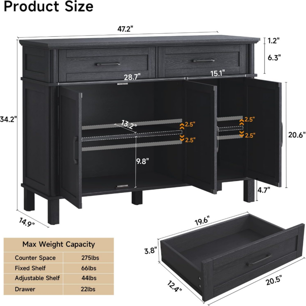Wood Buffet Sideboard with 2 Drawers and 3 Doors