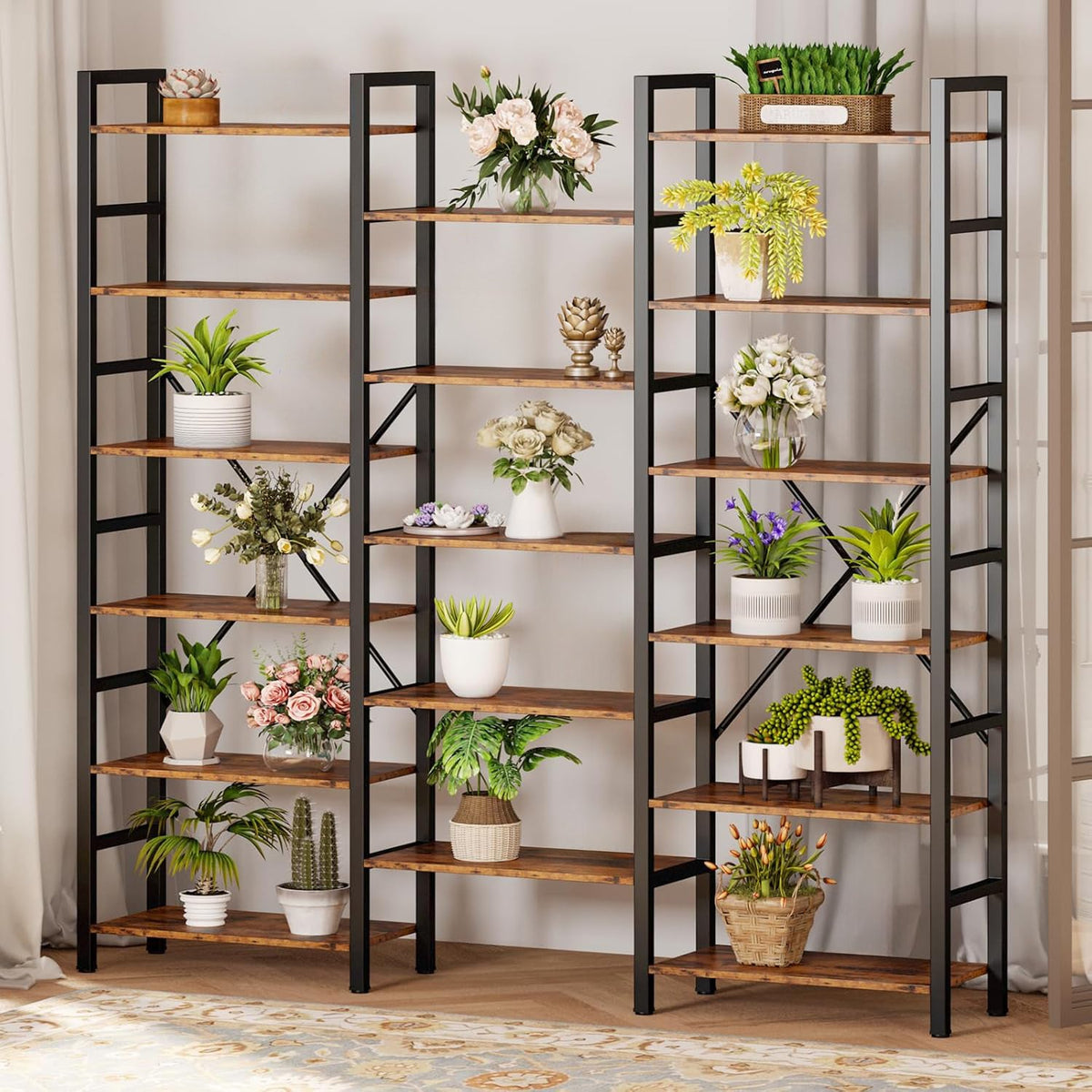 Triple Wide 6-Tier Industrial Bookshelf with Metal Frame