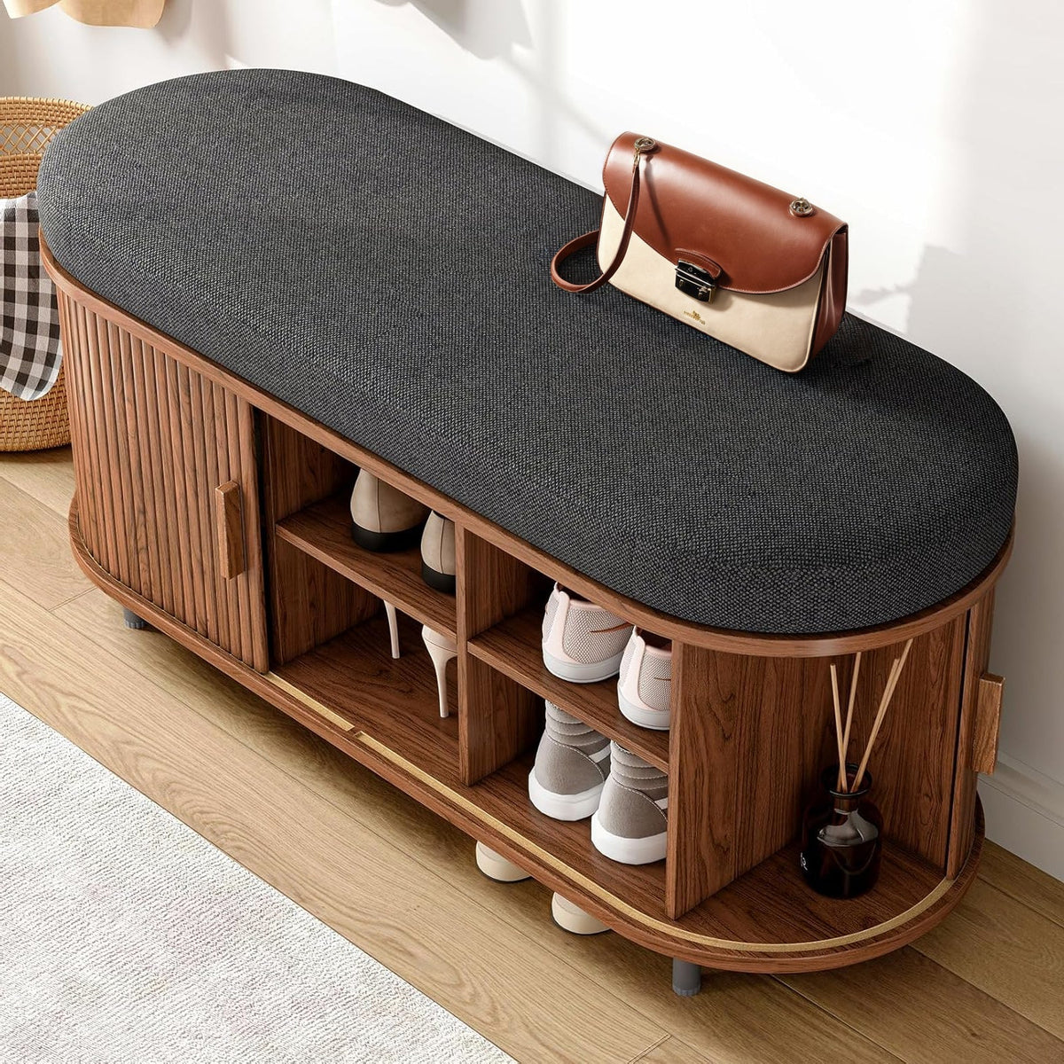 43-Inch Shoe Storage Bench with Cushion and Sliding Door
