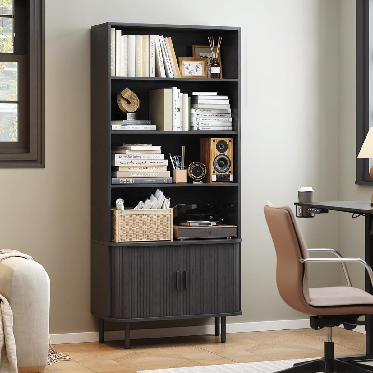 71 Inch 4-Tier Tall Bookcase with Sliding Door Cabinet
