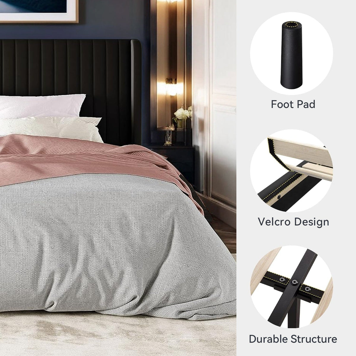 Velvet Platform Bed Frame with Tufted Headboard