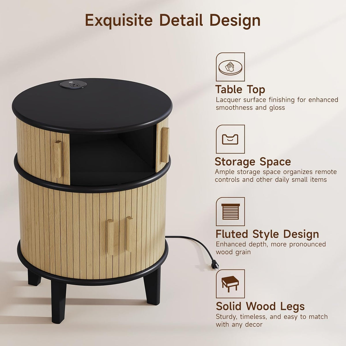 Round End Table Nightstand with Charging Station