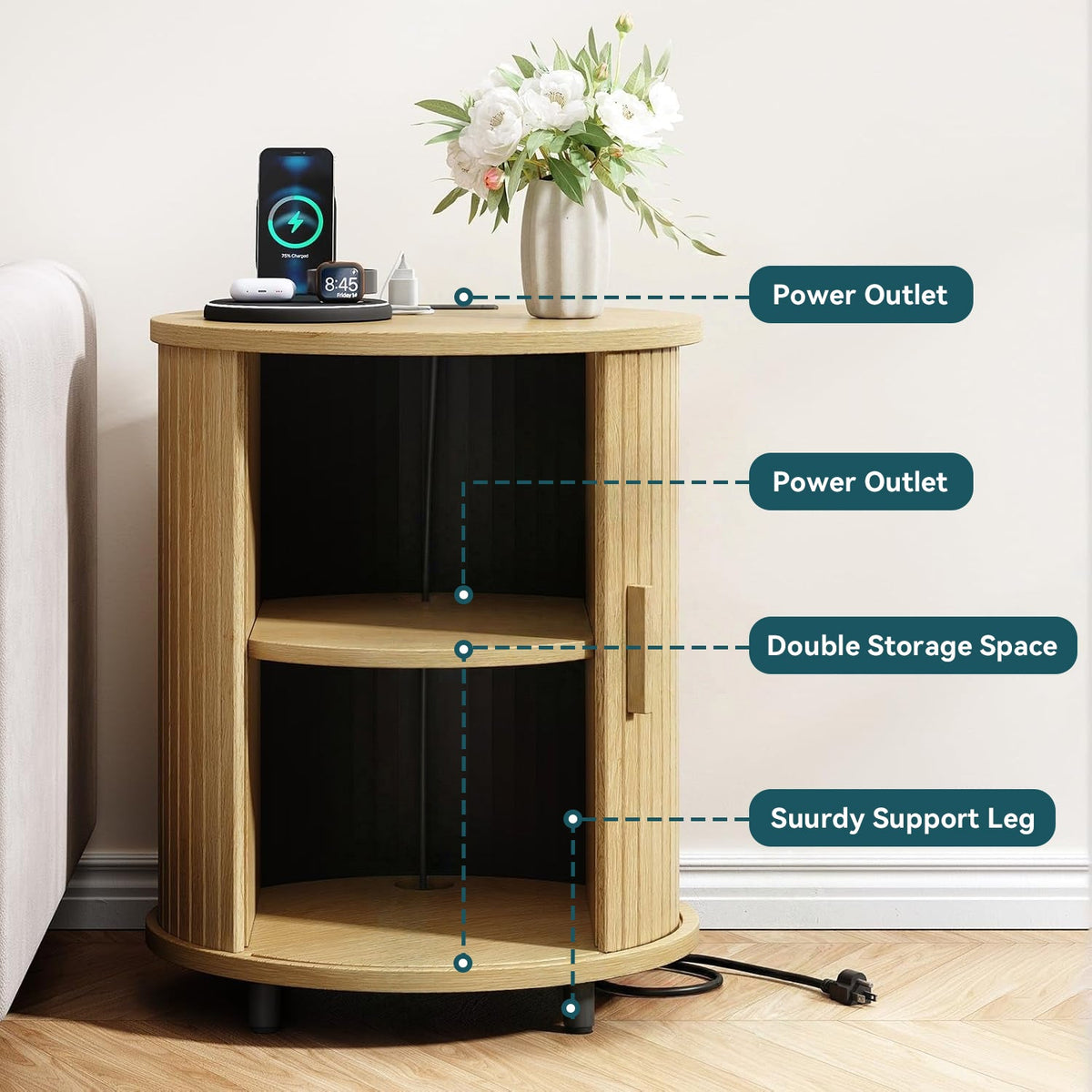 Round Nightstand Side Table with Sliding Tambour Door
