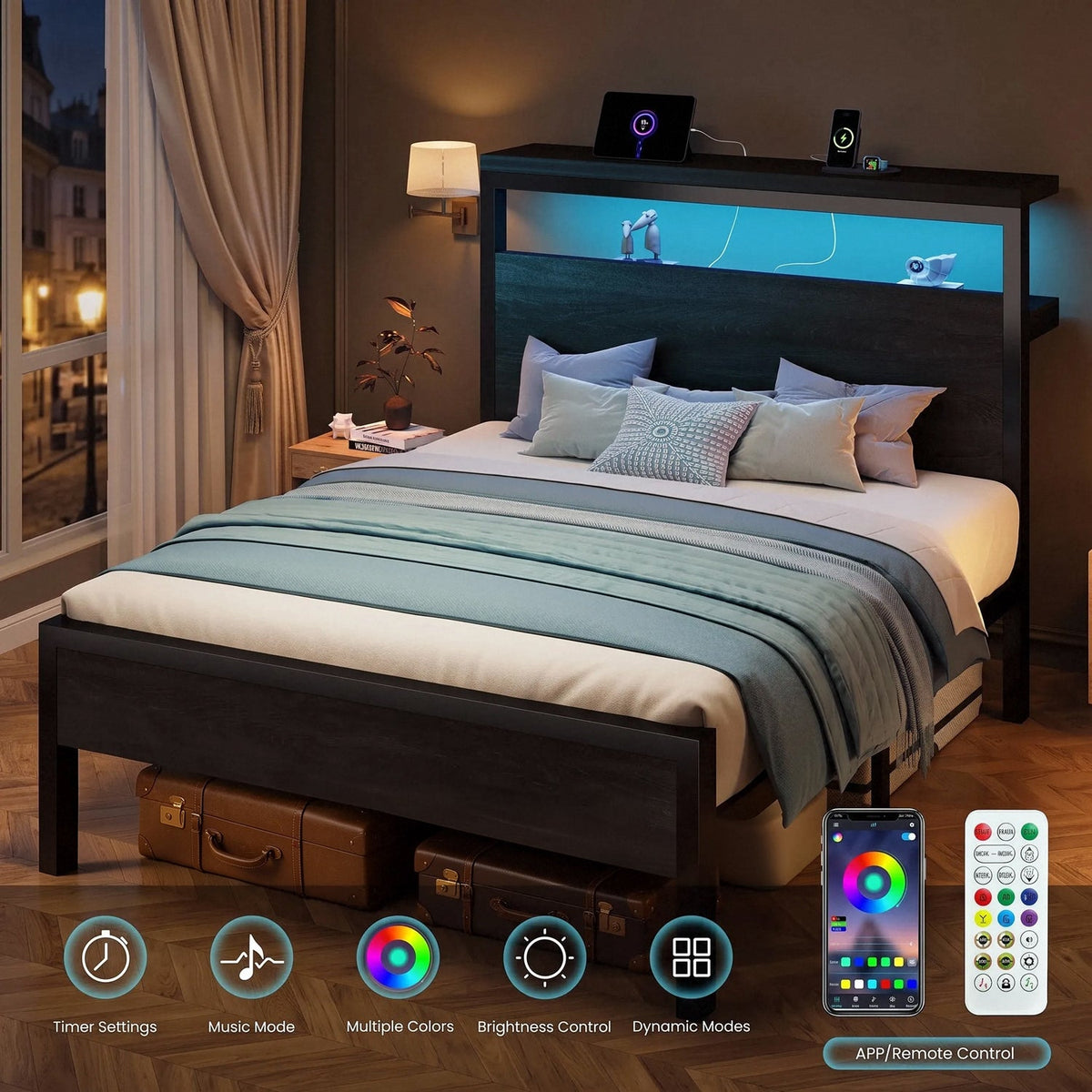 Wood and Metal Platform Bed with LED Storage Headboard
