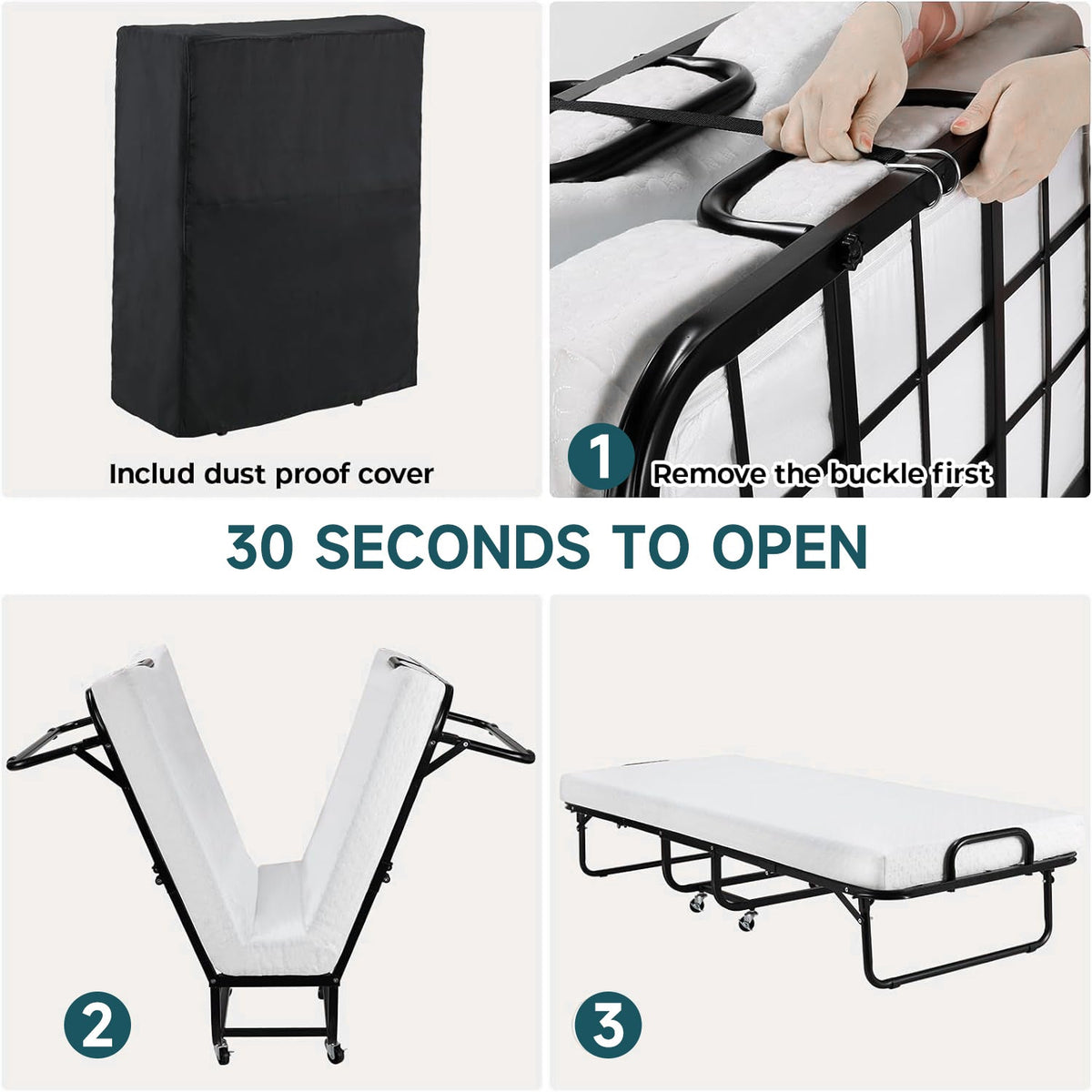 Portable Folding Rollaway Bed with Mattress, 75 x 31 Inch