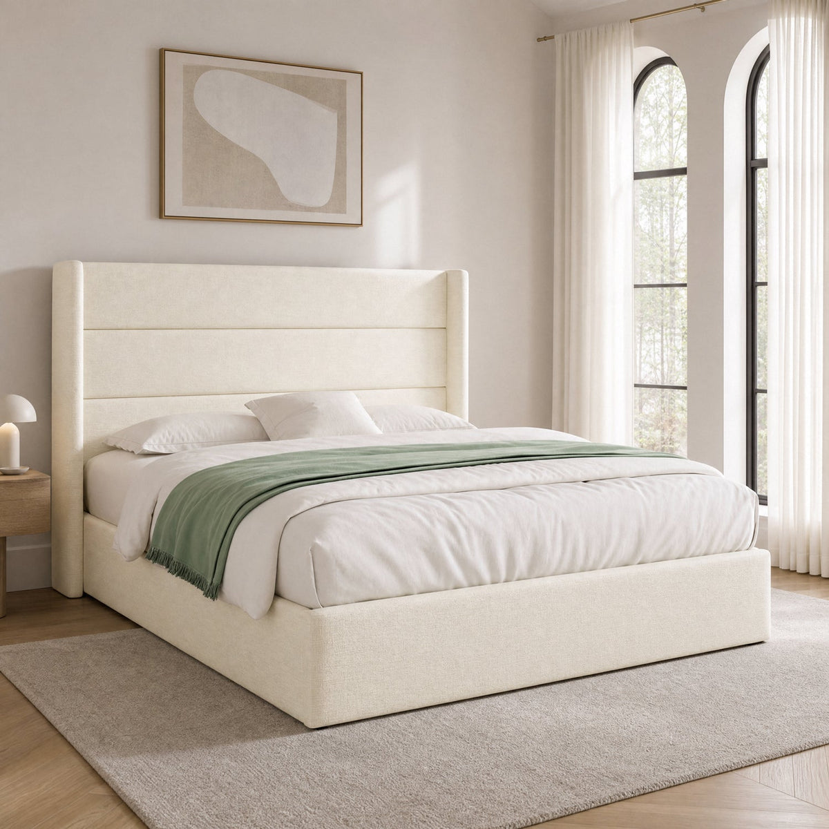 Chenille Lift Up Storage Bed with Wingback Headboard