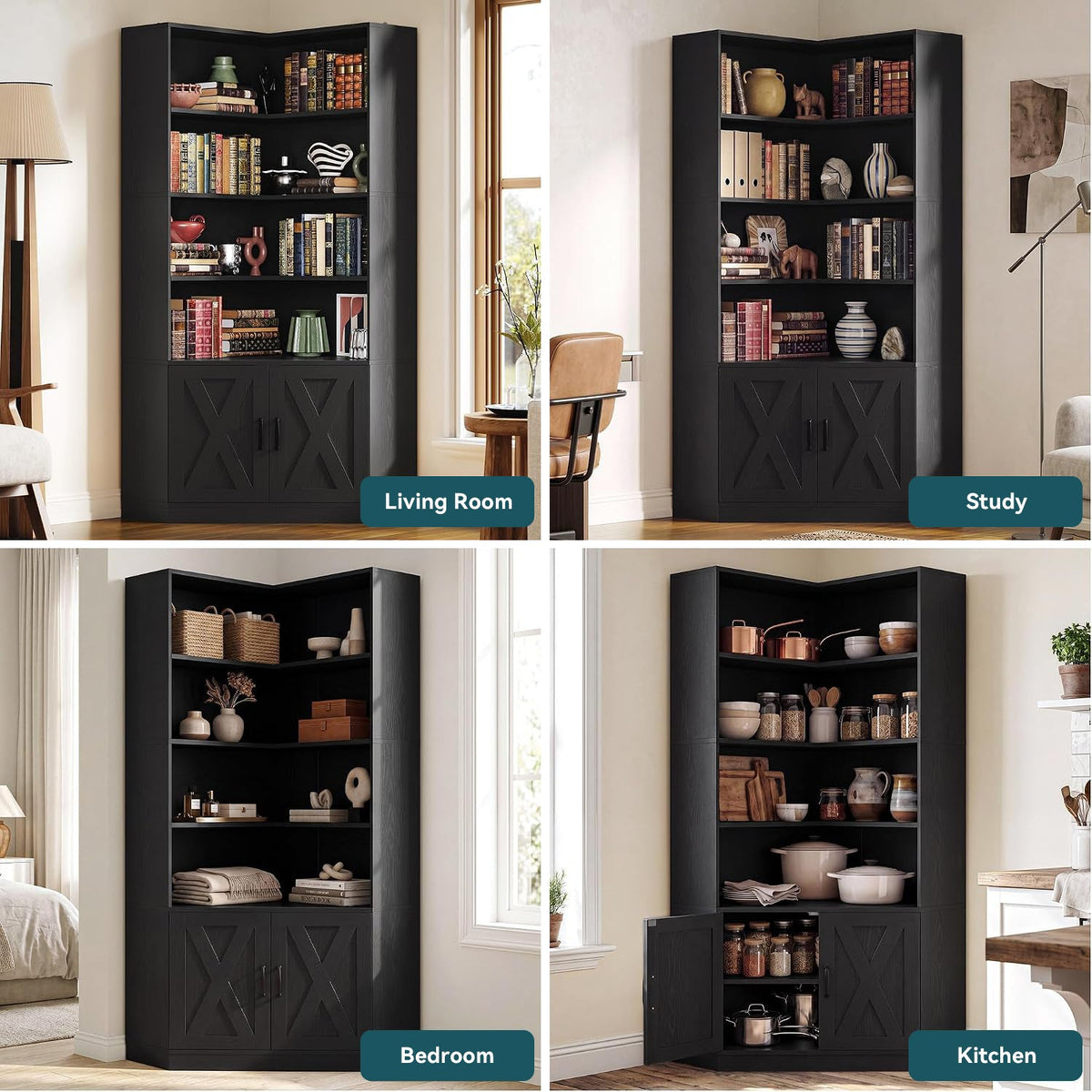 72.7-Inch Tall Corner Bookshelf with Door, 6-Tier