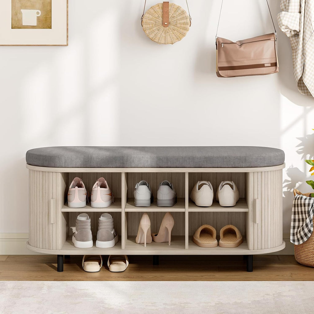 43-Inch Shoe Storage Bench with Cushion and Sliding Door