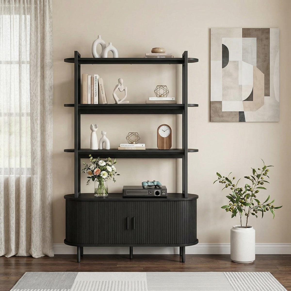 47 Inch Bookshelf with Sliding Doors and Metal Frame
