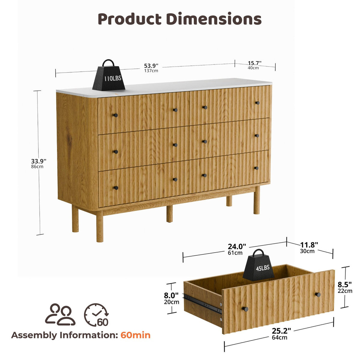 6-Drawer 54-Inch Fluted Dresser with Faux Marble Top
