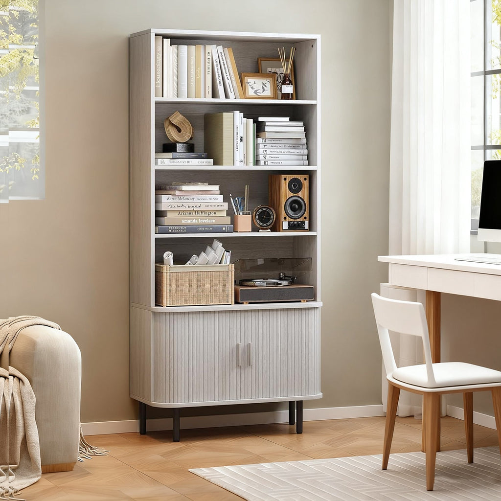 71 Inch 4-Tier Tall Bookcase with Sliding Door Cabinet