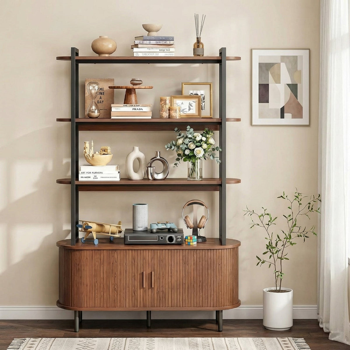 47 Inch Bookshelf with Sliding Doors and Metal Frame
