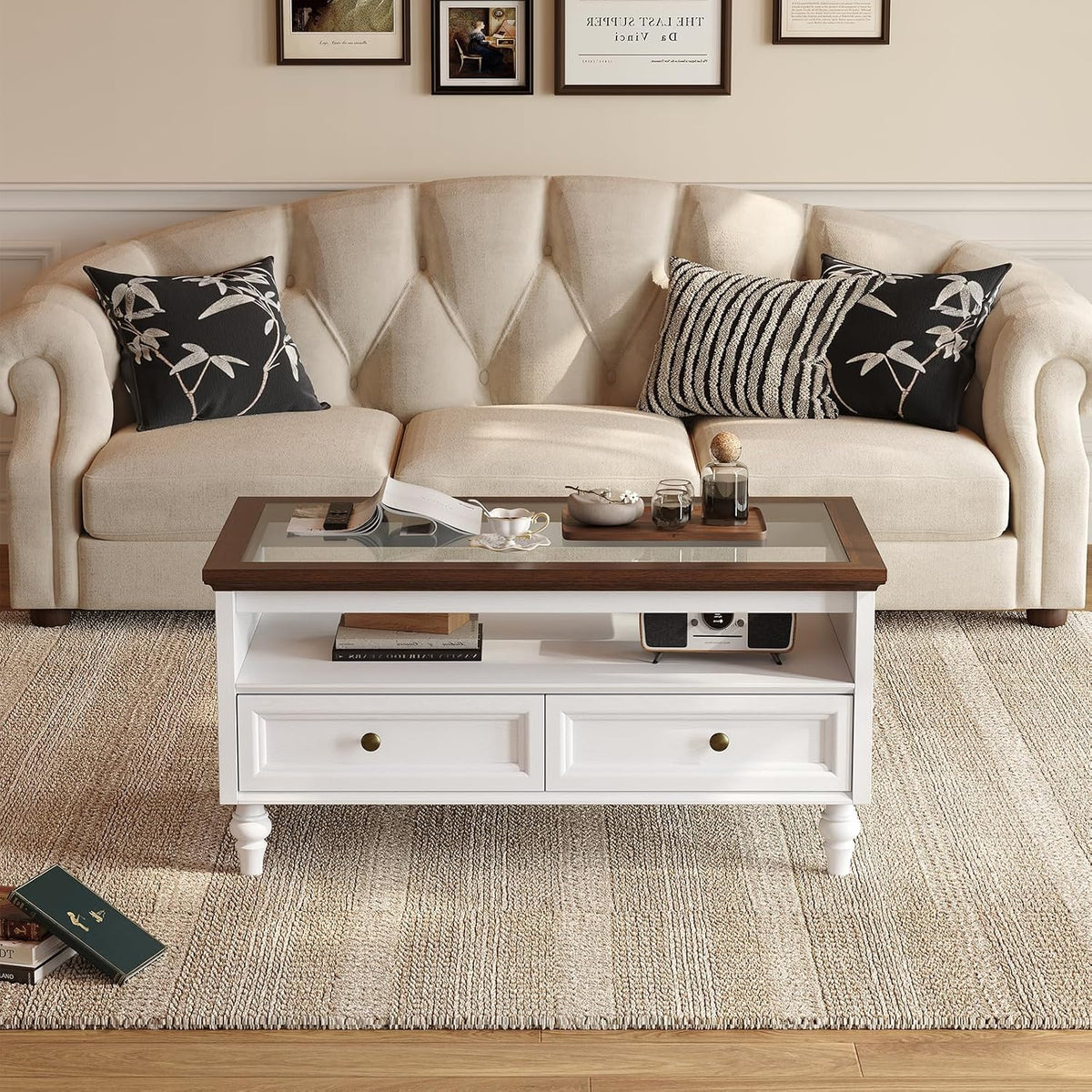 39.4 Inch Farmhouse Coffee Table with Glass Top