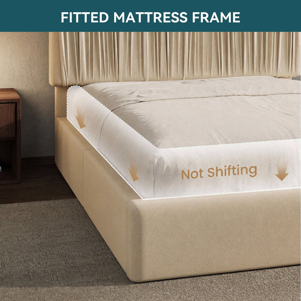 Velvet Floor Platform Bed with Pleated Headboard