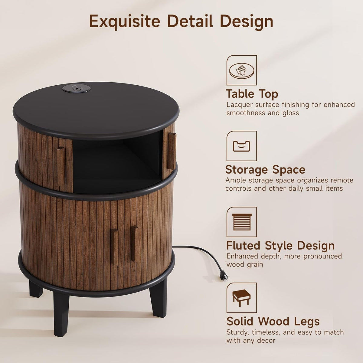 Round End Table Nightstand with Charging Station