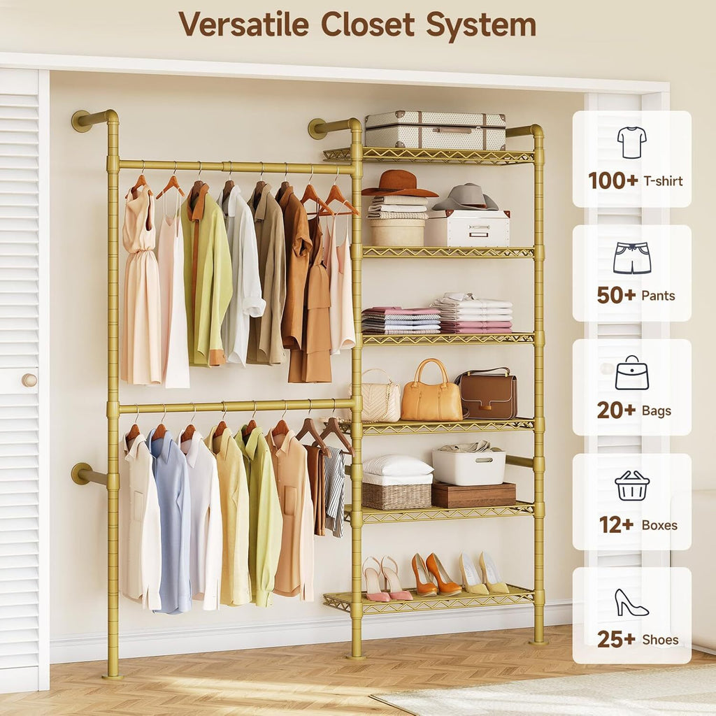 Industrial Pipe Wall Mounted Clothes Rack, 2 Rods 6 Shelves