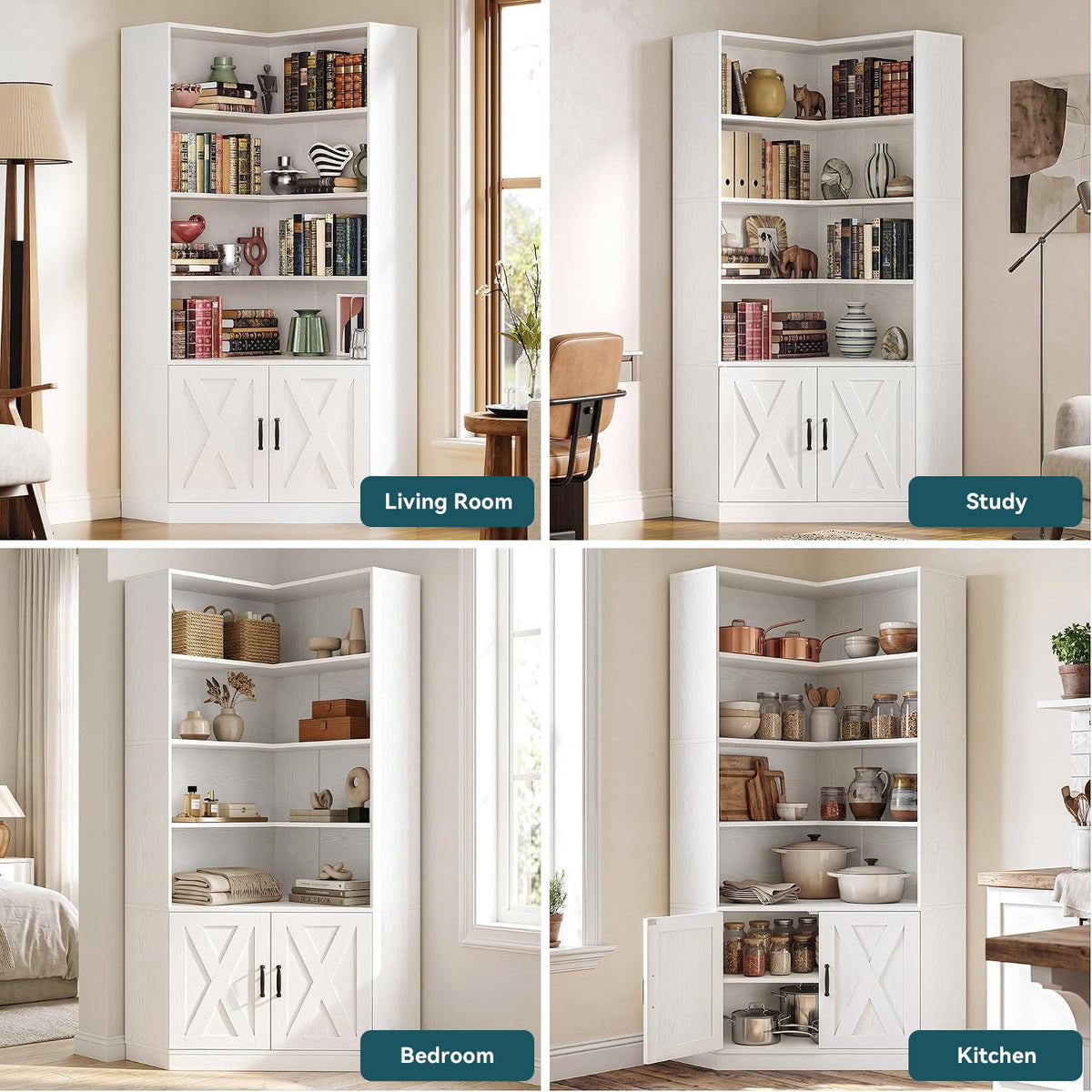 72.7-Inch Tall Corner Bookshelf with Door, 6-Tier