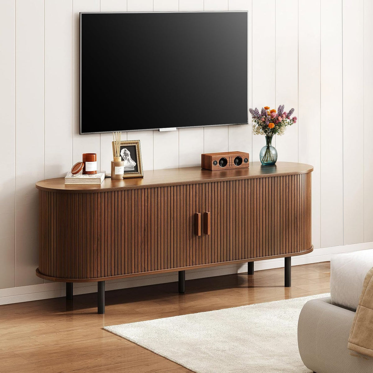 63 Inch TV Stand with Sliding Doors and Outlets
