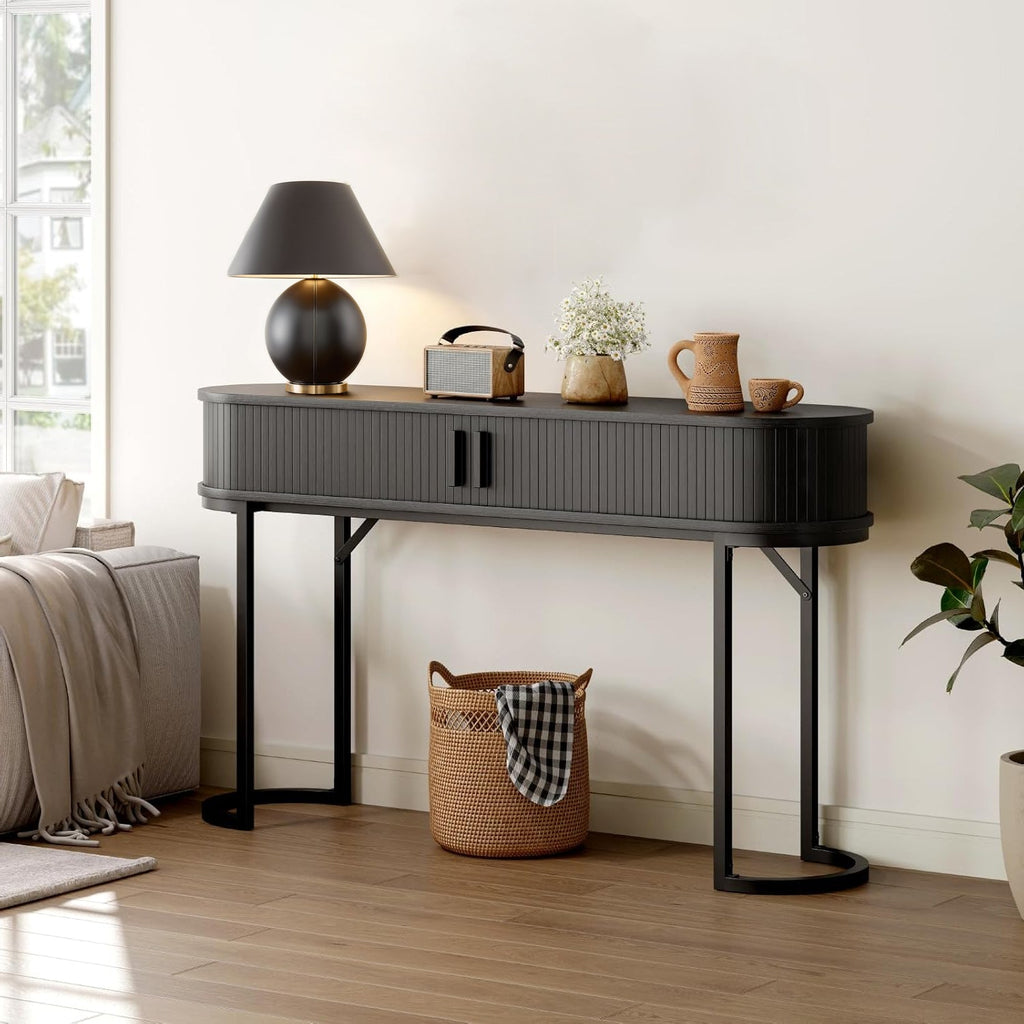55-Inch Fluted Console Table with Sliding Tambour Doors