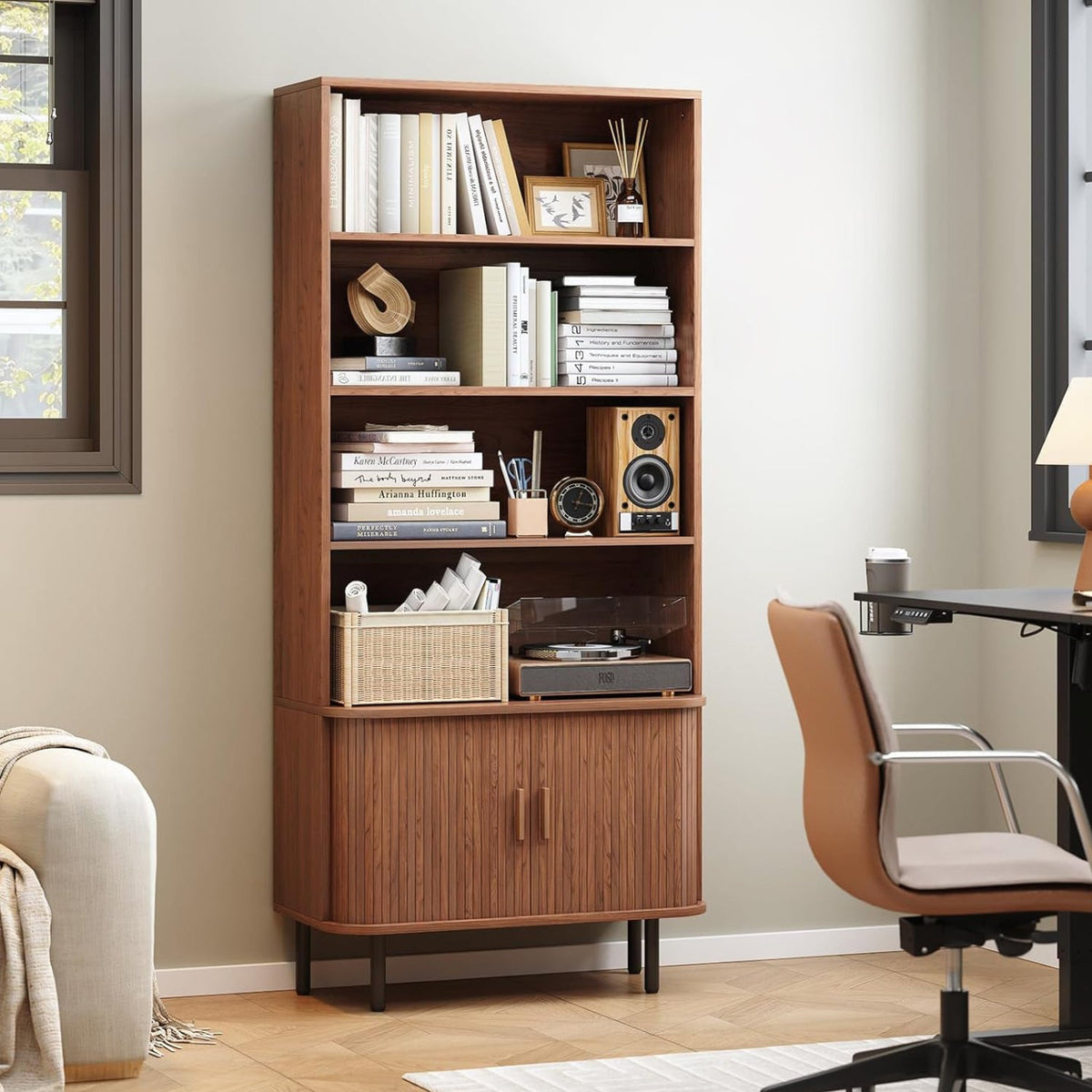 71 Inch 4-Tier Tall Bookcase with Sliding Door Cabinet