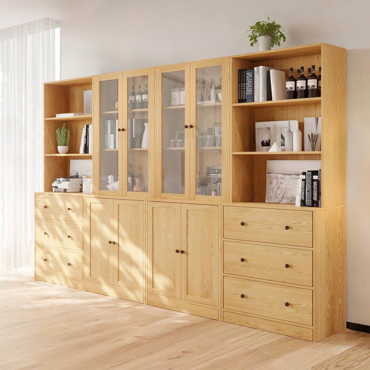 4-Piece Bookcase Set with Glass Door Cabinets (2A+2B)