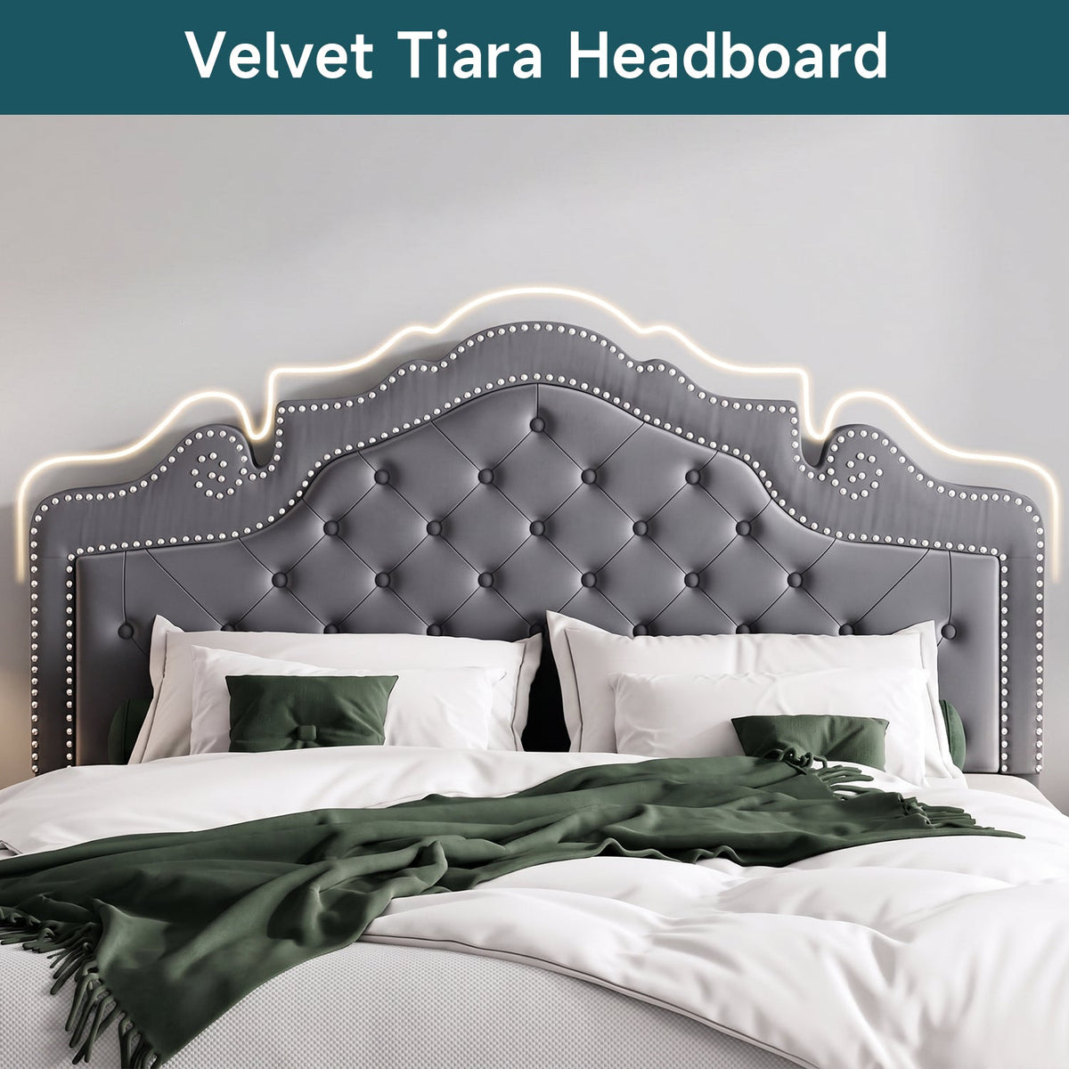 Button Tufted Velvet Platform Bed, Adjustable Headboard