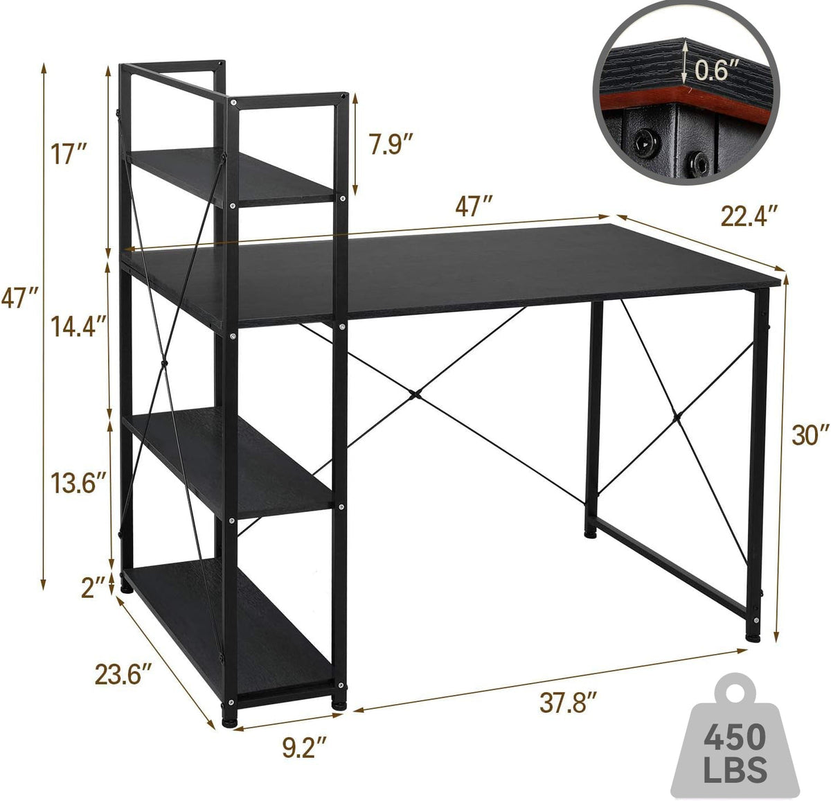 47 Inch Computer Desk with Reversible Bookshelf