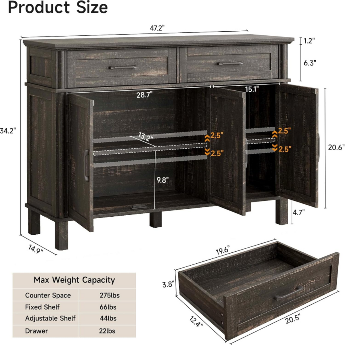 Wood Buffet Sideboard with 2 Drawers and 3 Doors