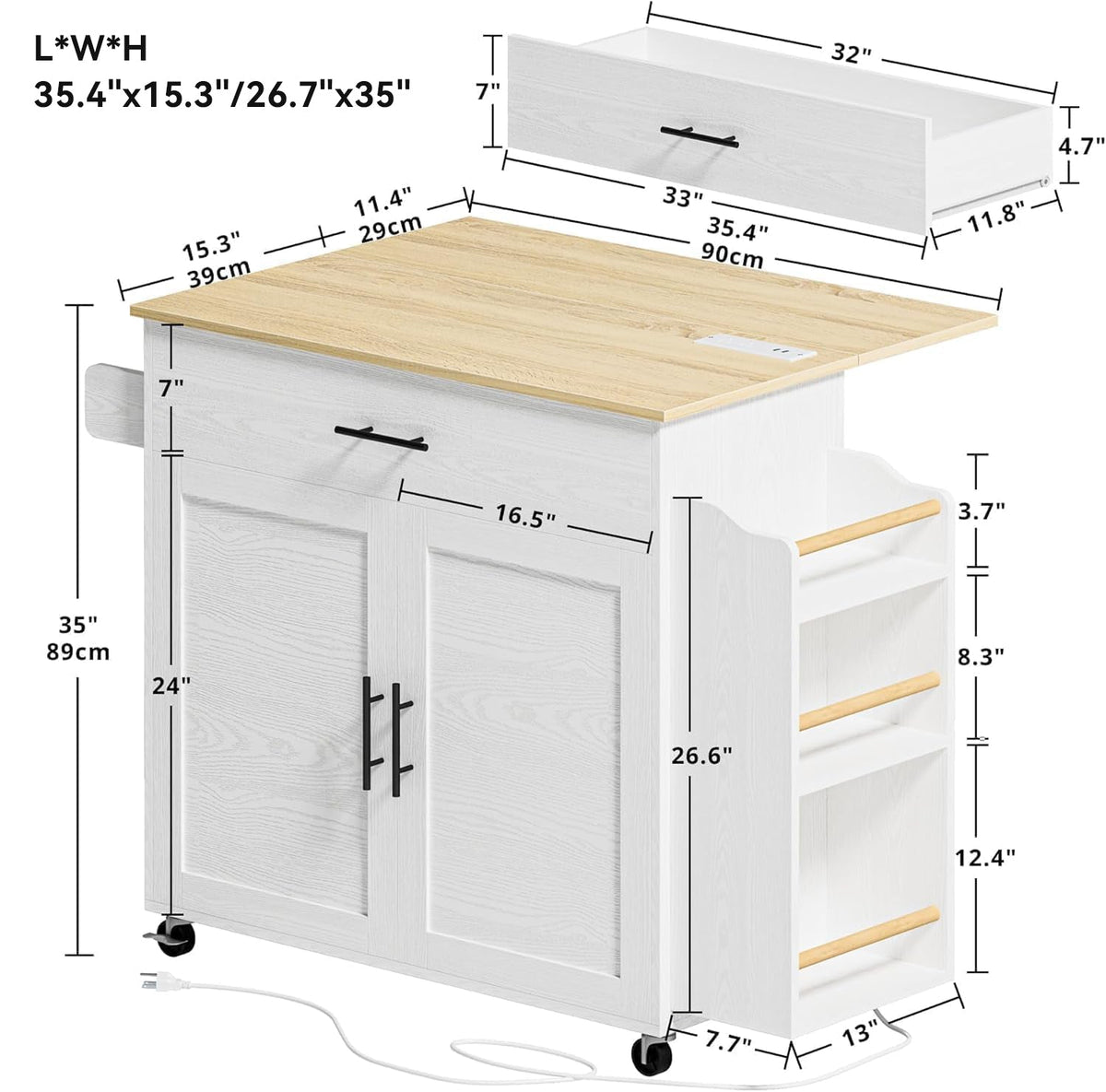 Rolling Kitchen Island with Drop Leaf and Outlet