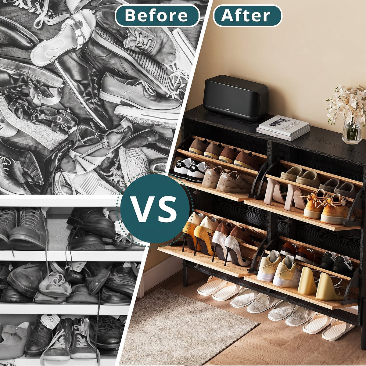 Shoe Storage Cabinet with 4 Rattan Flip Drawers
