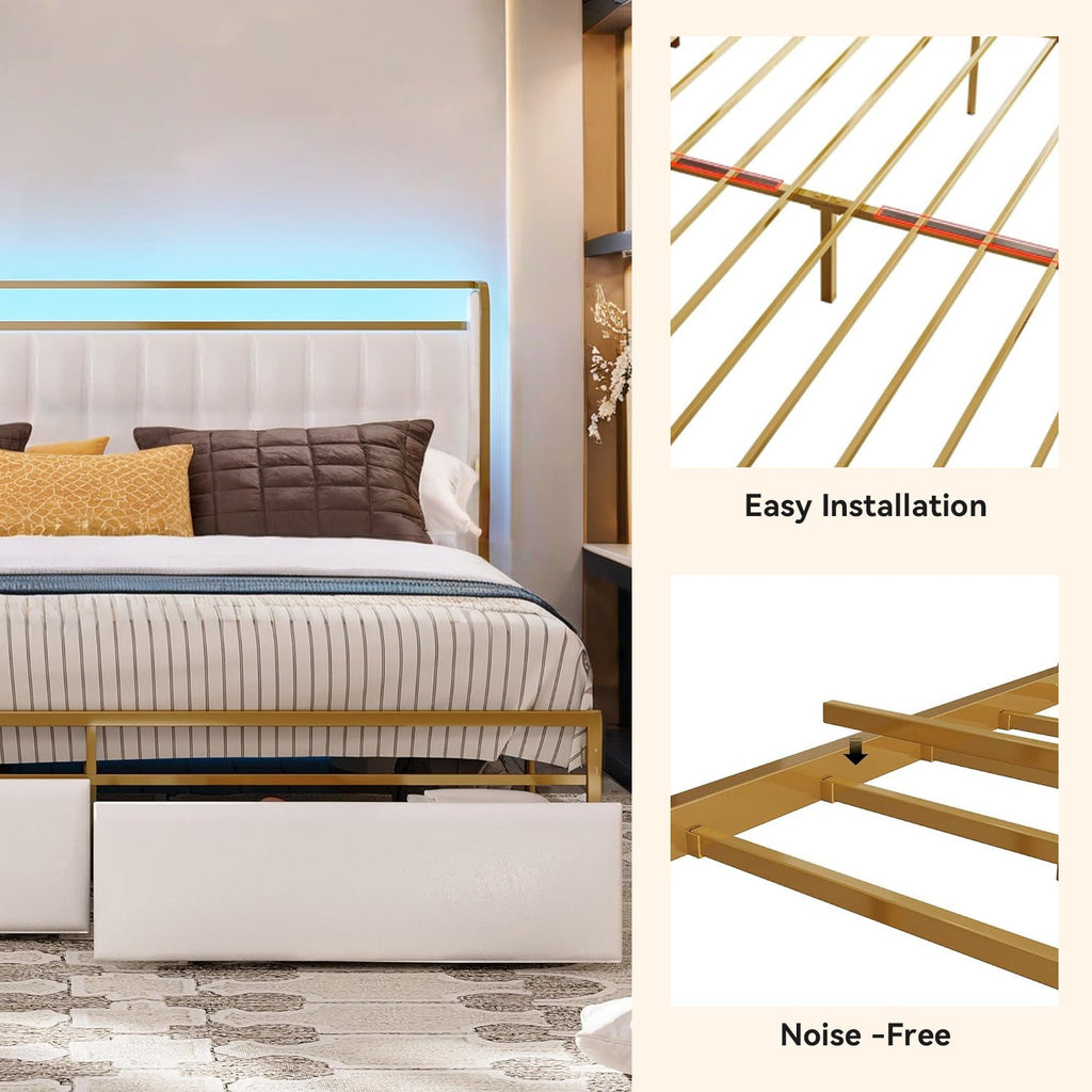 Upholstered Bed Frame with RGB Light and Drawers