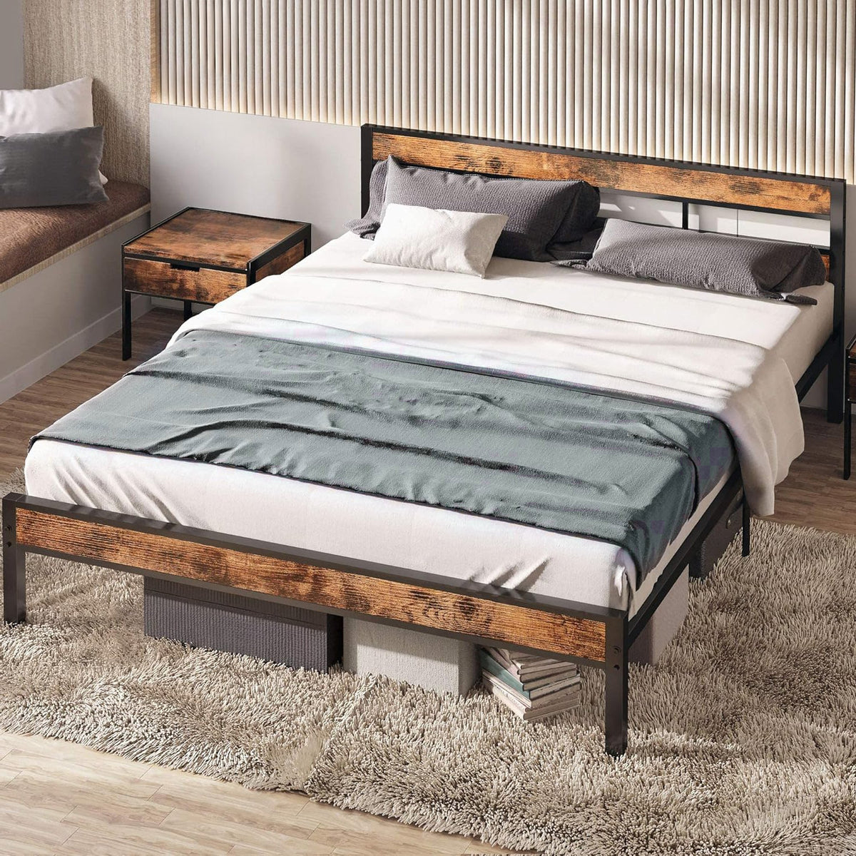 King Platform Bed Frame with Headboard, Dark Brown