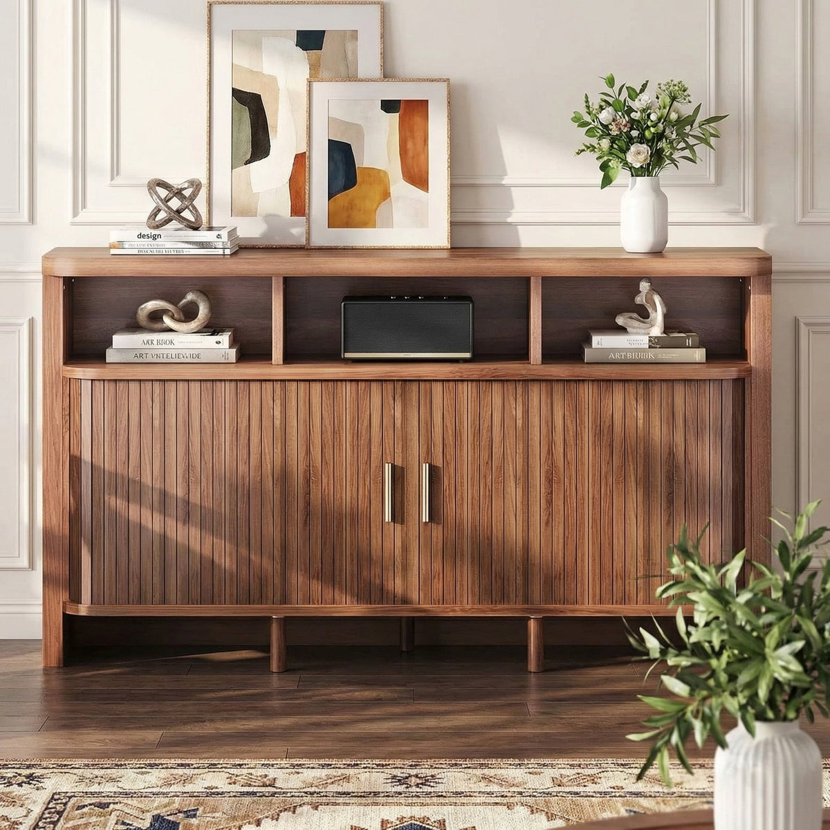 55 Inch Walnut Sideboard Buffet with Sliding Door
