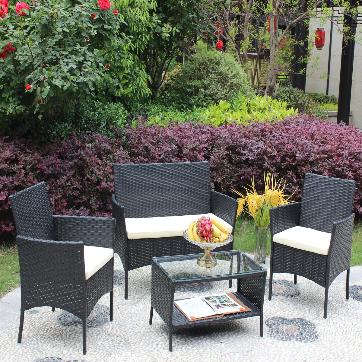 4-Piece Rattan Patio Furniture Set with Cushions