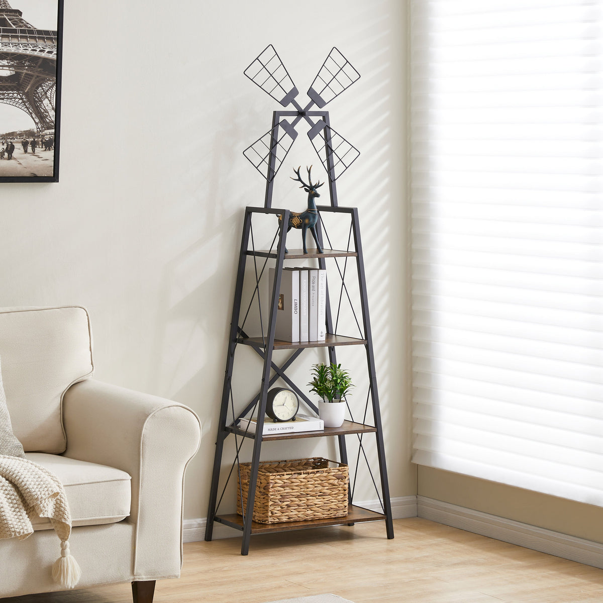 4-Tier Narrow Bookshelf, Rustic Brown and Black