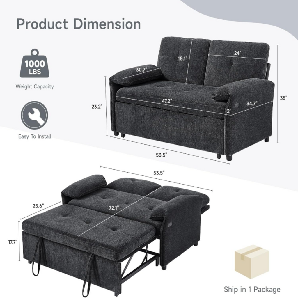 3-in-1 Convertible Chenille Sofa Bed with USB