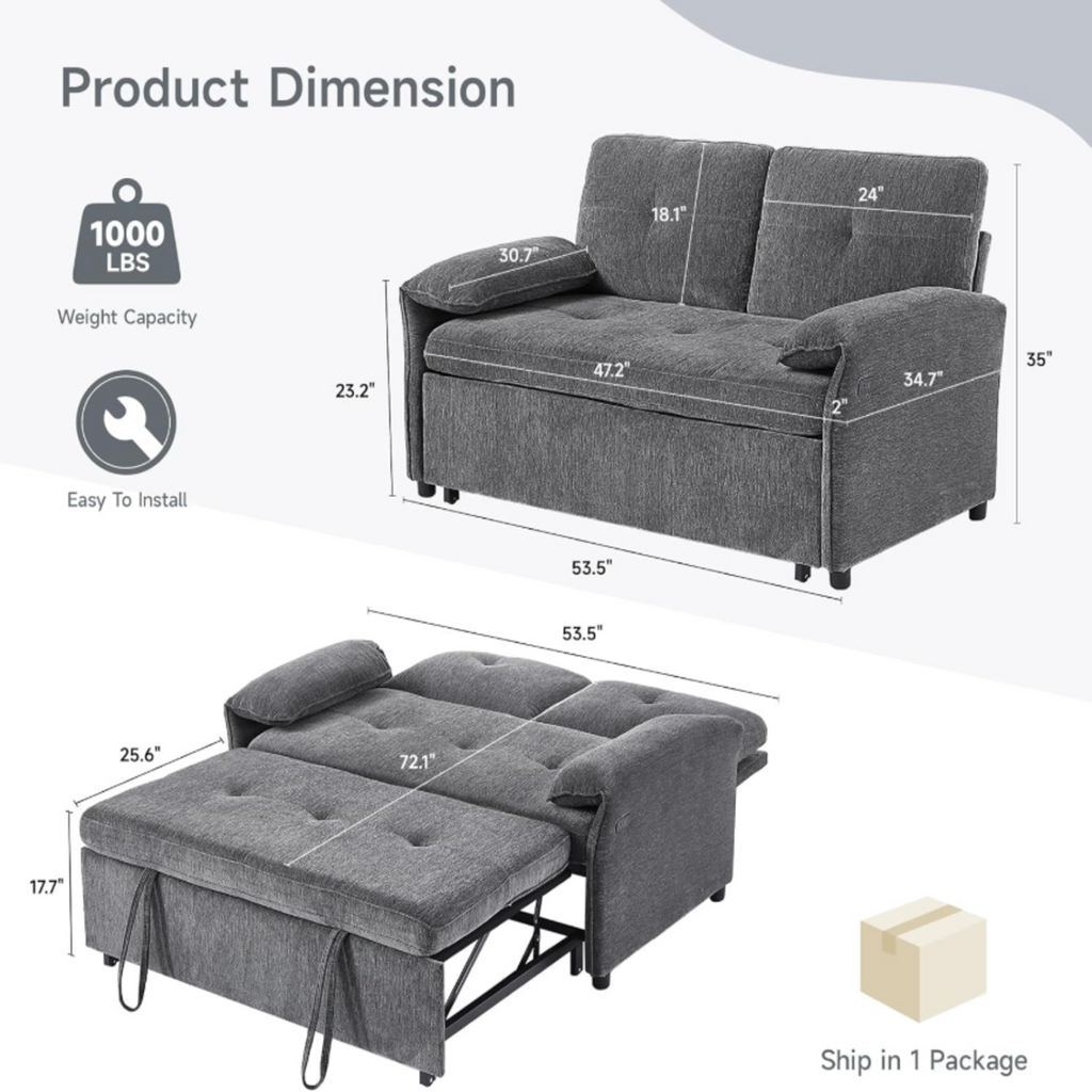 3-in-1 Convertible Chenille Sofa Bed with USB